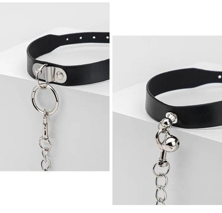 Chain Leash — Choker BDSM Cuir & Métal avec Laisse